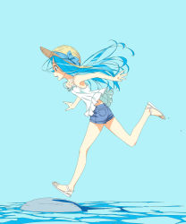 Rule 34 | 1girl, :d, armpits, bare arms, bare shoulders, blue background, blue bow, blue eyes, blue hair, blue shorts, bow, camisole, commentary request, fingernails, hat, hat bow, highres, long hair, murakami suigun, open mouth, original, rock, sandals, short shorts, shorts, simple background, smile, solo, sun hat, teeth, upper teeth only, very long hair, water, white camisole, white footwear