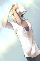 Rule 34 | 1boy, adjusting hair, arms up, black pants, closed eyes, closed mouth, commentary request, creatures (company), from side, game freak, grey background, guzma (pokemon), highres, male focus, nintendo, nyoripoke, pants, pokemon, pokemon sm, shirt, short sleeves, solo, t-shirt, twitter username, white hair, white shirt