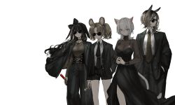 Rule 34 | 4girls, animal ears, asymmetrical hair, black dress, black hair, blonde hair, bow, breasts, brown hair, candy, cat ears, cat tail, cleavage, corset, dress, ear piercing, earrings, food, grey eyes, hair between eyes, hair bow, hands in pockets, highres, jacket, jewelry, lollipop, long hair, looking at viewer, medium breasts, multiple girls, narue, necklace, necktie, original, parted bangs, piercing, rabbit ears, see-through, short hair, short twintails, shorts, standing, suit jacket, sunglasses, tail, twintails, white background, white hair