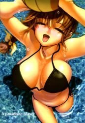 Rule 34 | 1girl, ball, beach, bikini, blue background, braid, breasts, brown hair, dead or alive, ebina souichi, female focus, half-closed eyes, huge breasts, kasumi (doa), large breasts, open mouth, single braid, solo, standing, swimsuit, tecmo, text focus, volleyball, volleyball (object), wading, water, wet