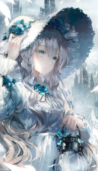 Rule 34 | 1girl, a maru, arm up, blue eyes, blue flower, building, closed mouth, collared dress, dress, flower, grey hair, hair between eyes, hand on headwear, hat, hat flower, highres, holding, holding lantern, lantern, long hair, long sleeves, looking away, neck ribbon, original, outdoors, ribbon, solo, sun hat, upper body, white dress, white hat
