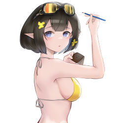 Rule 34 | 1girl, arknights, bare arms, bare shoulders, bikini, black hair, blue eyes, bob cut, breasts, chinese commentary, commentary request, eunectes (arknights), from side, goggles, goggles on head, hands up, highres, holding, holding pencil, looking at viewer, medium breasts, obniermarbiss, parted lips, pencil, pointy ears, short hair, simple background, solo, string bikini, swimsuit, upper body, white background, yellow bikini