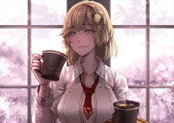 Rule 34 | 1girl, absurdres, blonde hair, blue eyes, breasts, cup, highres, holding, holding cup, holding tray, hololive, hololive english, large breasts, looking at viewer, medium hair, mistimagi, solo, squinting, tea, tray, virtual youtuber, watson amelia, watson amelia (1st costume)