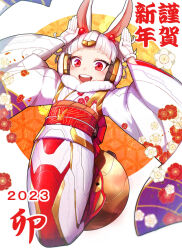 Rule 34 | 1girl, 2023, animal ears, chinese zodiac, commentary request, eidenjyou1997, floral print, fur collar, fur trim, gloves, highres, japanese clothes, kimono, nengajou, new year, original, rabbit ears, rabbit pose, red eyes, teeth, upper teeth only, white gloves, white hair, white kimono, wide sleeves, year of the rabbit