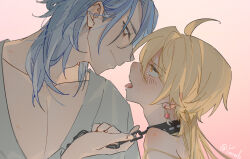Rule 34 | 2boys, aether (genshin impact), blonde hair, blue eyes, blue hair, blush, braid, closed mouth, collar, earrings, genshin impact, highres, jewelry, kamisato ayato, long hair, looking at another, looking at viewer, male focus, medium hair, multiple boys, smile, tearing up, tongue, tongue out, yaoi, yellow eyes, yonab