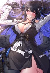 Rule 34 | 1girl, absurdres, asymmetrical horns, asymmetrical legwear, black gloves, black hair, black skirt, black wings, blue hair, blush, breasts, cleavage, colored inner hair, curry bowl, gloves, heart, heart-shaped pupils, highres, hololive, hololive english, horns, large breasts, long hair, lying, mole, mole under eye, multicolored hair, nerissa ravencroft, nerissa ravencroft (1st costume), on back, red eyes, shirt, skirt, striped clothes, striped shirt, sweat, symbol-shaped pupils, virtual youtuber, wings