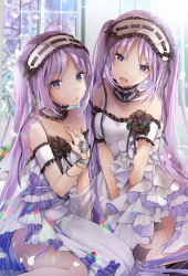 Rule 34 | 2girls, akatsuki hijiri, bare shoulders, blush, breasts, choker, dress, euryale (fate), fate/grand order, fate/hollow ataraxia, fate (series), hairband, headdress, highres, jewelry, lolita hairband, long hair, looking at viewer, multiple girls, open mouth, purple eyes, purple hair, ribbon, siblings, sisters, smile, stheno (fate), strapless, twins, twintails, very long hair, white dress