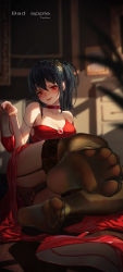 Rule 34 | 1girl, absurdres, ahoge, azur lane, bare shoulders, barefoot, black hair, black thighhighs, blush, breasts, choker, cleavage, cocktail dress, collarbone, dress, feet, hair between eyes, hair ornament, high heels, highres, holding, holding shoes, icecake, large breasts, long hair, looking at viewer, official alternate costume, patent heels, pumps, red choker, red dress, red eyes, shoes, unworn shoes, smile, soles, solo, taihou (azur lane), taihou (forbidden feast) (azur lane), thighhighs, very long hair