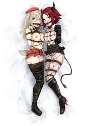 Rule 34 | 2girls, absurdres, alisa ilinichina amiella, arms behind back, ball gag, bdsm, bondage, boots, bound, cameltoe, chain, clothes lift, collar, crotch rope, demon girl, demon horns, demon tail, drooling, epis, fishnets, gag, gagged, gloves, god eater, god eater 2: rage burst, highres, horns, kertaspata, king&#039;s raid, leash, linked gag, long hair, looking at viewer, midriff, multiple girls, nipples, panties, pantyhose, red hair, restrained, rope, saliva, sex toy, shibari, skirt, skirt lift, slave, sweat, tail, thigh boots, thigh gap, thighhighs, underwear, vibrator, vibrator under clothes, vibrator under panties, white hair