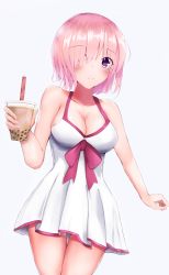 Rule 34 | 1girl, bare arms, bare shoulders, blush, breasts, bubble tea, cleavage, collarbone, commentary request, dot nose, dress, fate/grand order, fate (series), hair over one eye, highres, looking at viewer, mash kyrielight, mash kyrielight (swimsuit of perpetual summer), official alternate costume, pink ribbon, purple eyes, ribbon, short hair, simple background, smile, solo, taikoi7, white background, white dress