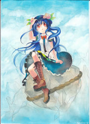 Rule 34 | 1girl, blue hair, boots, cross-laced footwear, day, dress, female focus, food, fruit, hand on headwear, hat, hinanawi tenshi, keystone, lace-up boots, long hair, looking up, mosho, painting (medium), peach, red eyes, rock, signature, sitting, sky, solo, touhou, traditional media, watercolor (medium)