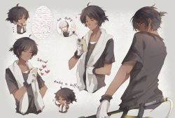 Rule 34 | 2boys, arknights, black hair, black shirt, braid, cellphone, chibi, closed mouth, collarbone, commentary request, dark-skinned male, dark skin, earrings, elysium (arknights), english text, closed eyes, gloves, grey background, hand up, hands up, heart, highres, holding, holding phone, holding sword, holding weapon, inset, jewelry, looking at phone, looking at viewer, looking back, multicolored hair, multiple boys, multiple views, necklace, open mouth, orange eyes, phone, red hair, selfie, shirt, short hair, short sleeves, side braid, smartphone, smile, speech bubble, streaked hair, sword, t-shirt, thorns (arknights), towel, towel around neck, v, waving, weapon, white gloves, white hair, yaoi, yuzuriha (ryami)