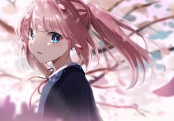 Rule 34 | 1girl, absurdres, bad id, bad pixiv id, blazer, blue eyes, blue jacket, blurry, blurry background, blurry foreground, cherry blossoms, commentary request, dated commentary, eyebrows hidden by hair, floating hair, from side, highres, jacket, kaf (kamitsubaki studio), kamitsubaki studio, long hair, looking at viewer, looking to the side, outdoors, parted lips, petals, pink hair, ponytail, red ribbon, ribbon, shirt, sidelighting, sidelocks, solo, sunlight, tirudo29, tree, upper body, virtual youtuber, white shirt, wind, yellow pupils