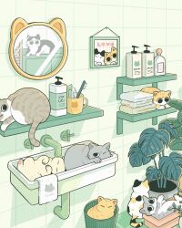 Rule 34 | animal, animal focus, animal print, black cat, brown cat, calico, cat, cat print, commentary request, cropped, cup, drawing (object), english text, faucet, flower pot, grey cat, highres, iguana taisa, in trash can, indoors, mirror, mug, no humans, original, plant, potted plant, print towel, screentones, shelf, sink, soap bottle, tile floor, tile wall, tiles, too many, too many cats, toothbrush, toothpaste, towel, towel writing, white cat