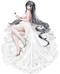 Rule 34 | 1girl, ahoge, arm support, azur lane, bare back, bare shoulders, black hair, breasts, dress, earrings, flower, from side, full body, garter straps, hair flower, hair ornament, high heels, highres, jewelry, large breasts, long hair, looking at viewer, lying, messy hair, official alternate costume, official art, on side, open mouth, red eyes, sideboob, solo, taihou (azur lane), taihou (temptation on the sea breeze) (azur lane), thighhighs, transparent background, wedding dress, white footwear, white thighhighs, yunsang