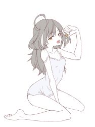 Rule 34 | 1girl, ahoge, arm up, assault lily, bare arms, bare legs, bare shoulders, barefoot, between legs, breasts, camisole, candy, collarbone, food, full body, grey camisole, grey hair, gumoyu, hand between legs, holding, holding candy, holding food, light blush, long hair, looking at viewer, looking to the side, multicolored hair, open mouth, panties, sasaki ran, sideways glance, simple background, sitting, small breasts, solo, strap slip, streaked hair, underwear, underwear only, wariza, white background, white panties, yellow eyes