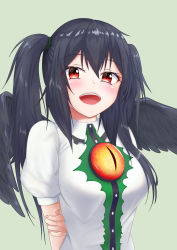 Rule 34 | 1girl, absurdres, alternate costume, alternate hairstyle, arm at side, arm behind back, bird wings, black hair, black wings, blouse, blush, buttons, collared shirt, fingernails, hand on own arm, highres, long hair, looking at viewer, o1118, open mouth, puffy short sleeves, puffy sleeves, red eyes, reiuji utsuho, shirt, short sleeves, slit pupils, smile, solo, teeth, third eye, touhou, twintails, upper body, upper teeth only, wing collar, wings