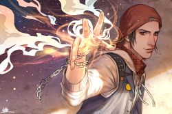 Rule 34 | 1boy, anderain, beanie, brown eyes, brown hair, chain, delsin rowe, dust, foreshortening, hat, highres, infamous second son, letterboxed, magic, male focus, outstret, plaid, smile, solo, wrist chain