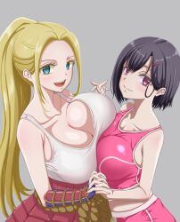 Rule 34 | 2girls, :d, absurdres, armor, asymmetrical bangs, asymmetrical docking, beatrix amerhauser, black hair, blonde hair, blue eyes, breast press, breasts, collarbone, commentary request, cotatubo, grey background, hair behind ear, high ponytail, highres, holding hands, huge breasts, interlocked fingers, japanese armor, kote, kusazuri, large breasts, long hair, looking at viewer, mikazuki shizuka, multiple girls, open mouth, pink eyes, pink shorts, pink sports bra, short hair, shorts, smile, sports bra, tank top, white tank top, zom 100: zombie ni naru made ni shitai 100 no koto
