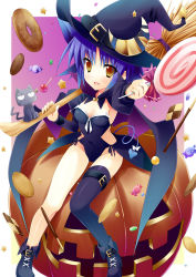Rule 34 | 1girl, animal ears, black cat, blue hair, broom, candy, cape, cat, checkerboard cookie, cookie, doughnut, fang, food, halloween, hat, jack-o&#039;-lantern, lollipop, minase, original, over shoulder, pocky, pumpkin, short hair, single thighhigh, solo, swirl lollipop, thigh strap, thighhighs, witch, witch hat, yellow eyes