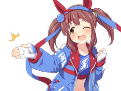 Rule 34 | 1girl, armband, bad id, bad twitter id, blue hairband, blue jacket, blue shirt, blush, brown eyes, brown hair, clenched hand, commentary request, cosplay, fingerless gloves, gloves, hair ornament, hairband, hand up, idolmaster, idolmaster cinderella girls, jacket, long hair, long sleeves, looking away, midriff, ogata chieri, one eye closed, open mouth, print shirt, shirt, sidelocks, simple background, solo, sweat, tamamo cross (umamusume), tamamo cross (umamusume) (cosplay), tsukkomi, twintails, uccow, umamusume, upper body, voice actor connection, white background, white gloves