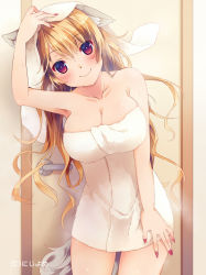 Rule 34 | 1girl, amanatsu yuzuka, animal ears, bare arms, bare shoulders, blonde hair, blush, breasts, cat ears, cleavage, collarbone, cowboy shot, door, eyebrows, fingernails, hair between eyes, hand on own head, hand up, large breasts, long fingernails, long hair, looking at viewer, nail polish, naked towel, red eyes, red nails, sharp fingernails, smile, solo, tail, towel, towel on head, valhalla valkyries, wavy hair, wet, wet hair