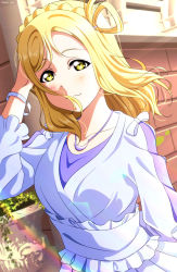 Rule 34 | 1girl, absurdres, artist name, artist request, blonde hair, blush, bow, braid, breasts, brown eyes, collarbone, crown braid, dress, dress bow, female focus, floating hair, green eyes, hair rings, highres, isami don, long sleeves, looking at viewer, love live!, love live! sunshine!!, medium breasts, ohara mari, outdoors, parted lips, playing with own hair, rainbow, short hair, skirt, smile, solo, white bow, white dress, white skirt, white wristband, wristband, yellow eyes