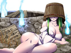 Rule 34 | 1girl, alternate breast size, bare legs, barefoot, breasts, bucket, bucket on head, chamupei, cleavage, collarbone, female focus, ghost, green hair, japanese clothes, kimono, kisume, large breasts, long hair, lying, object on head, off shoulder, aged up, on back, on side, open mouth, outdoors, public use, sign, solo, touhou, undersized clothes, well, wide sleeves, yukata
