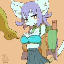 Rule 34 | 1girl, animal ears, backpack, bag, blush stickers, bra, breasts, cat, fingerless gloves, furry, gloves, large breasts, nipples, pleated skirt, pointing, purple hair, simple background, skirt, the amboina, underwear, upper body, yellow eyes