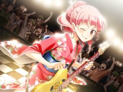 Rule 34 | 1girl, :p, checkered floor, cheering, crowd, deardrops, dutch angle, electric guitar, eyebrows, fujimaru (bluebrand), game cg, guitar, hair ornament, hair stick, instrument, japanese clothes, kimono, one eye closed, ooba yayoi, pink hair, solo, tongue, tongue out, wink