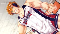 Rule 34 | 1boy, bryce callahan, bulge, ceiling, collaboration, cowboy shot, dutch angle, freckles, green eyes, highres, indoors, jock studio (blits games), male focus, mikkoukun, muscular, muscular male, non-web source, orange hair, pectorals, short hair, solo, wrestling outfit, zamius