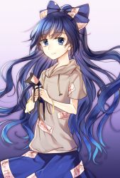 Rule 34 | 1girl, bangle, blue background, blue bow, blue eyes, blue hair, blue skirt, bow, bracelet, debt, drawstring, gradient background, grey hoodie, hair bow, hood, hoodie, jewelry, kaede (mmkeyy), long hair, looking at viewer, parted lips, short sleeves, skirt, solo, stuffed animal, stuffed cat, stuffed toy, touhou, very long hair, yorigami shion