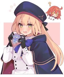 Rule 34 | 2girls, ?, ahoge, artoria caster (fate), artoria caster (second ascension) (fate), artoria pendragon (fate), black gloves, blonde hair, blue bow, blue cape, blue headwear, blush, blush stickers, bow, bowtie, buttons, cape, commentary request, double-breasted, fate/grand order, fate (series), flying sweatdrops, fujimaru ritsuka (female), gloves, hair between eyes, hat, highres, holding, long hair, long sleeves, looking at viewer, multiple girls, open mouth, orange hair, smile, uxco0, valentine, wavy mouth, yellow eyes