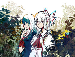 Rule 34 | 2girls, :d, :|, ascot, blouse, blue dress, bow, bush, closed mouth, collared shirt, commentary, dress, closed eyes, from side, fujiwara no mokou, green hair, hair between eyes, hair bow, hand up, highres, hiiragi (unftoas), kamishirasawa keine, long hair, looking at viewer, looking to the side, multiple girls, neckerchief, no headwear, no headwear, open mouth, red ascot, red eyes, red neckerchief, shirt, sketch, smile, touhou, upper body, white bow, white hair, white shirt