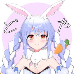 Rule 34 | 1girl, absurdres, animal ear fluff, animal ears, armband, blue hair, blush, braid, breasts, carrot, carrot hair ornament, cleavage, closed mouth, eyebrows, food-themed hair ornament, hair ornament, highres, hololive, long braid, long hair, looking at viewer, multicolored hair, rabbit ears, rabbit girl, red eyes, scarf, simple background, small breasts, solo, syhan, twin braids, two-tone hair, usada pekora, usada pekora (1st costume), virtual youtuber, white hair