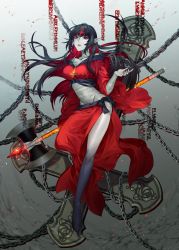 Rule 34 | 1girl, axe, bandaged arm, bandaged neck, bandages, black footwear, black hair, chain, closed mouth, colored skin, covered navel, cross, demon girl, fingernails, glint, glowing, grey nails, grey skin, highres, holding, holding axe, holding weapon, japanese clothes, kimono, long hair, long sleeves, magic, multicolored hair, nail polish, off shoulder, original, pointy ears, purple skin, red eyes, red hair, red kimono, runes, sharp fingernails, solo, ultracat, upside-down, weapon, wide sleeves