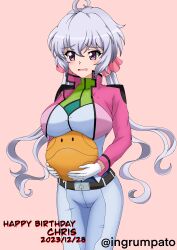 Rule 34 | 1girl, absurdres, alternate costume, birthday, blush, breasts, character name, cosplay, dated, feldt grace, feldt grace (cosplay), gundam, gundam 00, hair ornament, hair scrunchie, happy birthday, haro, highres, kyomeihibiki, large breasts, long hair, open mouth, pink background, purple eyes, scrunchie, senki zesshou symphogear, simple background, solo, twintails, white hair, yukine chris