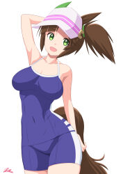 Rule 34 | 1girl, animal ears, blue one-piece swimsuit, breasts, brown hair, covered navel, ear covers, green eyes, hat, highres, horse ears, horse girl, horse tail, ines fujin (umamusume), large breasts, looking at viewer, one-piece swimsuit, side ponytail, simple background, single ear cover, solo, swimsuit, t2r, tail, tracen swimsuit, umamusume, visor cap, white background, white hat