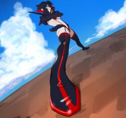 Rule 34 | 1girl, black thighhighs, closed mouth, cloud, cloudy sky, crossed arms, day, from side, frown, groin, highres, hong doo, kill la kill, long sleeves, matoi ryuuko, meme, microskirt, multicolored hair, navel, outdoors, profile, red hair, red thighhighs, short hair, skirt, sky, solo, thighhighs, two-tone hair