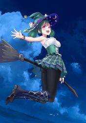 Rule 34 | 1girl, alternate costume, ass, boots, breasts, broom, broom riding, fire emblem, fire emblem fates, green bracelet, green hair, green skirt, halloween costume, hat, highres, igni tion, medium breasts, midori (fire emblem), nintendo, open mouth, pantyhose, purple eyes, short twintails, skirt, teeth, twintails, upper teeth only, witch, witch hat