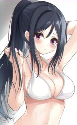 Rule 34 | 1girl, 7saki, arm behind head, armpits, arms up, bad id, bad pixiv id, bikini, black hair, blush, breasts, cleavage, commentary, expressionless, grey background, highres, large breasts, long hair, looking at viewer, love live!, love live! sunshine!!, matsuura kanan, navel, parted bangs, ponytail, purple eyes, solo, standing, swimsuit, two-tone background, very long hair, white background, white bikini