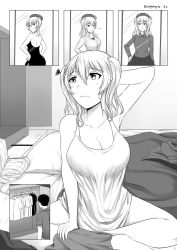 Rule 34 | 10s, 1boy, 1girl, alternate costume, backless dress, backless outfit, beret, breasts, casual, cleavage, collared shirt, comic, commentary, dress, greyscale, hand on own hip, hat, highres, indian style, kantai collection, kashima (kancolle), large breasts, monochrome, pleated skirt, ribbed shirt, robba-san (wangphing), shirt, sitting, skirt, strapless, strapless dress, sweatdrop, twintails, twitter username, wangphing