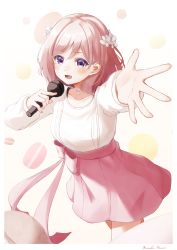 Rule 34 | 1girl, absurdres, blush, character name, choker, collarbone, cowboy shot, flower, food, hair flower, hair ornament, highres, holding, holding microphone, long sleeves, looking at viewer, macaron, makanon records, masaki kanon, medium hair, microphone, music, nyan (reinyan 007), open mouth, outstretched hand, pink hair, pink skirt, shirt, simple background, singing, skirt, smile, solo, virtual youtuber, white choker, white shirt