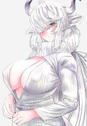 Rule 34 | 1girl, akegata tobari, animal ears, black horns, black nails, breasts, center opening, cleavage, closed mouth, covered erect nipples, curled horns, expressionless, fingernails, grey background, hair over one eye, hair ribbon, highres, horns, kemono friends, large breasts, long hair, long sleeves, looking at viewer, multicolored horns, nail polish, no bra, ox ears, ox horns, purple eyes, ribbon, simple background, solo, stomach, sweater, upper body, very long hair, white hair, white horns, white sweater, yak (kemono friends)