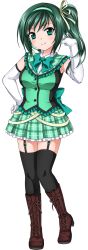 Rule 34 | 1girl, boots, breasts, cross-laced footwear, elbow gloves, full body, garter belt, garter straps, gloves, green eyes, green hair, headset, highres, itsuki sayaka, lace-up boots, large breasts, marronni yell, matching hair/eyes, official art, pleated skirt, ponytail, side ponytail, skirt, solo, thighhighs, transparent background, urita ruri, white gloves
