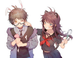 Rule 34 | 1boy, 1girl, animal ears, antenna hair, black-framed eyewear, black shirt, black skirt, blush, brown hair, character request, closed mouth, commentary request, copyright request, glasses, grey shirt, highres, holding, holding whisk, long hair, looking at another, pleated skirt, sailor collar, semi-rimless eyewear, shirt, short sleeves, simple background, skirt, sweater, teeth, whisk, white background, zuizi