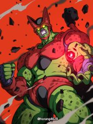 Rule 34 | 1boy, absurdres, armor, biceps, black nails, blank eyes, bracer, cell max, clenched hand, clenched teeth, collarbone, colored skin, commentary request, cowboy shot, debris, dragon ball, dragon ball super, dragon ball super super hero, energy, fingernails, green skin, hand up, highres, horang4628, korean commentary, looking at viewer, looking down, male focus, red background, simple background, smoke, solo, standing, tail, teeth, yellow eyes