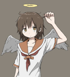Rule 34 | 1girl, adjusting hair, angel wings, arm at side, arm up, bad id, bad twitter id, brown eyes, brown hair, closed mouth, collarbone, feathered wings, frown, furrowed brow, grey background, haibane renmei, hair between eyes, halo, hand in own hair, looking at viewer, messy hair, neckerchief, raised eyebrow, rakka (haibane), red neckerchief, red sailor collar, sailor collar, short hair, short sleeves, simple background, solo, static cling, straight-on, tareme, umi ha kirai, upper body, white wings, wings