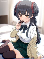 1girl absurdres arm_at_side bed black_bow black_hair black_thighhighs blurry blurry_background blush bow breasts brown_eyes candy chocolate chocolate_heart chromatic_aberration collared_shirt commentary curtains day dot_nose dress_shirt eating english_commentary food furrowed_brow green_skirt gyorui_(katsuwo_drawing) hair_ribbon hand_on_ground hand_up heart heart-shaped_food highres holding holding_food idolmaster idolmaster_shiny_colors indoors jacket long_hair long_sleeves looking_at_viewer mayuzumi_fuyuko medium_breasts miniskirt on_bed open_clothes open_jacket orange_eyes plaid_clothes plaid_skirt pleated_skirt red_ribbon ribbon shirt shirt_tucked_in sitting skindentation skirt solo straight_hair sweat thighhighs twitter_username two_side_up v-shaped_eyebrows very_long_hair white_shirt yellow_jacket zettai_ryouiki