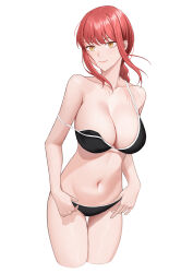 Rule 34 | 1girl, absurdres, bare arms, bare shoulders, bikini, black bikini, chainsaw man, commentary request, cropped legs, highres, long hair, looking at viewer, makima (chainsaw man), navel, red hair, simple background, smile, solo, standing, stomach, strap slip, swimsuit, thighs, white background, yellow eyes, yeming (yeming0529)